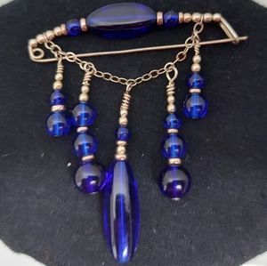 Blue Colbat Beads Safety Pin Bar Brooch